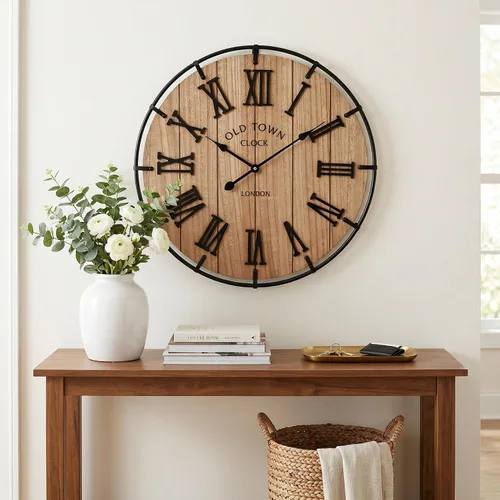 Miniatura 17 de EMAX HOME Reloj de pared grande de granja de 20 pulgadas, cara de grano de madera envejecida negra rústica con números romanos blancos, movimiento