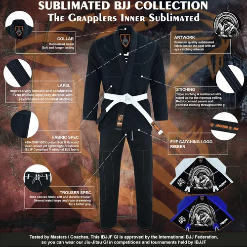Miniatura 2 de The Grapplers interior sublimado Pro Brazilian Jiu Jitsu BJJ Kimono Gi Uniforme Unisex Cinturón blanco incluido