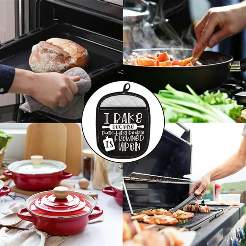 Miniatura 6 de ZJXHPO Almohadillas para horno de regalo para hornear, soporte para ollas I Bake Because Punching People is Frowned Upon Hot Pads (Frunción sobre)