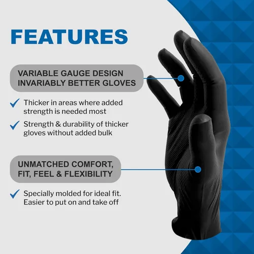 Miniatura 3 de Guantes industriales desechables de nitrilo negro PermaSafe HD, 6+ mil, sin látex, textura elevada, para mecánicos, médicos, alimentos, y más