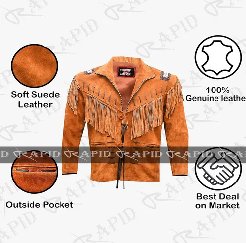 Miniatura 3 de Chaqueta de cuero vaquero occidental para hombre, gamuza real y flecos, abrigo nativo americano, color marrón tostado, talla 3XL grande RP-786 0