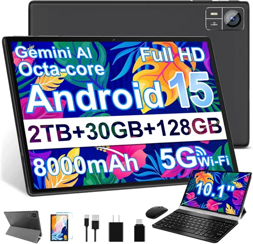 Tablet Android 15 de 10.1 pulgadas con 30 GB de RAM 128 GB de ROM 1 TB de expansión, con teclado y ratón, Octa-Core, 8000 mAh, pantalla HD IPS, WiFi