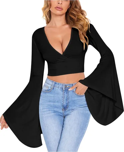 Floerns - Blusa de manga larga acampanada envolvente con cuello en V para mujer