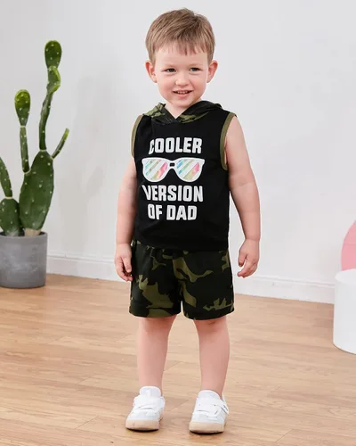 Miniatura 3 de SANMIO Conjunto de ropa de verano con capucha y pantalones cortos sin mangas con bolsillos, conjunto de ropa de 2 piezas para niño pequeño