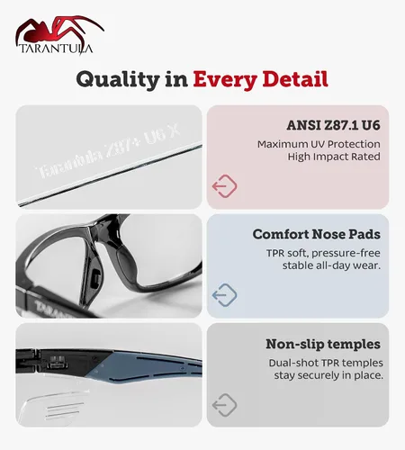 Miniatura 4 de Gafas de seguridad Tarantula Z87.1 para hombres y mujeres, patillas de TPR suave, lentes transparentes antiempañamiento, bloqueo de luz azul