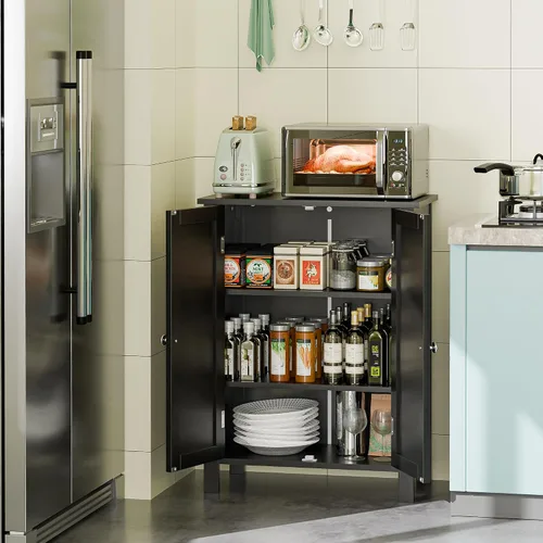 Miniatura 4 de ZENY Armario de almacenamiento de piso de baño con puerta doble + estante ajustable, armario organizador de madera para sala de estar, baño, Negro