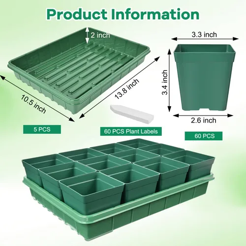 Miniatura 2 de June Fox 60 macetas pequeñas para plantas, kit de 5 bandejas de inicio de semillas, macetas de plástico de 3.3 pulgadas con bandejas de inicio