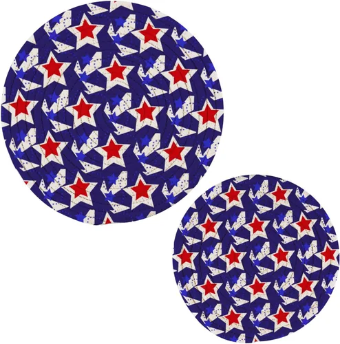 Naanle Juego de salvamanteles de algodón moderno con diseño de estrellas y bandera de Estados Unidos para el 4 de julio, 2 posavasos redondos para