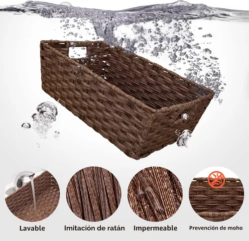 Miniatura 4 de Onlytak Cesta grande de almacenamiento de mimbre, marco de metal, juego de 2, lavable impermeable, 15 x 10.3 x 5.2 pulgadas, color marrón, cesta