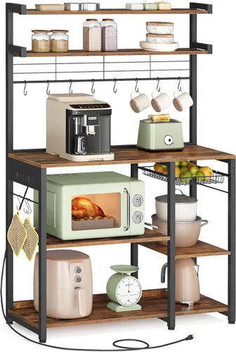 Miniatura 11 de VASAGLE Estante para panadero, soporte para microondas, estante de almacenamiento de cocina con cesta de alambre, 6 ganchos y estantes