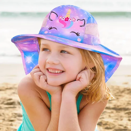 Miniatura 41 de Sombrero de sol para niños, protección UV, unicornio, verano, playa, jugar con ala ancha, solapa para el cuello para niñas y niños