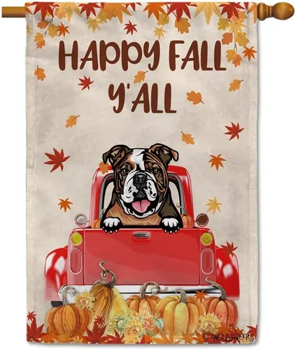 Miniatura 29 de Bandera con texto en inglés «Happy Fall Y'all» con diseño de perro inteligente con calabaza en camión rojo y hojas de arce, pancarta de otoño
