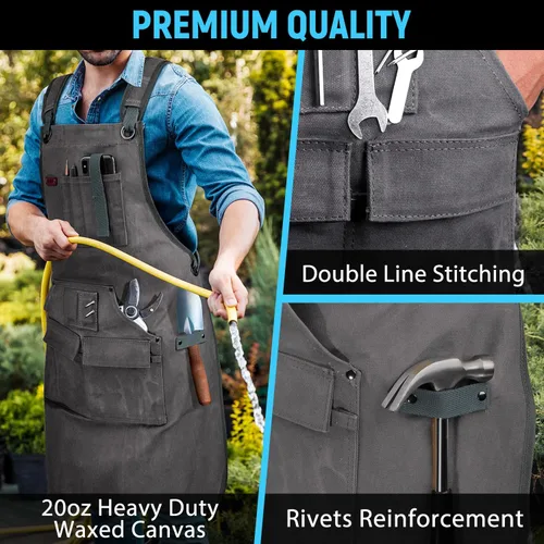 Miniatura 4 de Delantal de carpintería para hombres, delantal de taller de lona de 20 oz con 9 bolsillos para herramientas, delantal de peto de trabajo de madera
