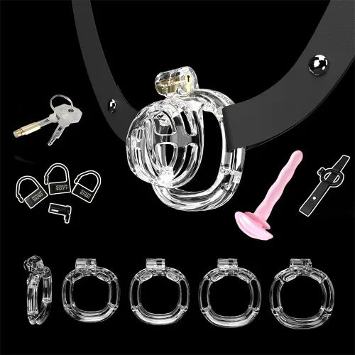 Miniatura 13 de Heuceo Jaula de castidad pequeña y ligera con 4 anillos y cinturón de castidad y dilatador uretral de silicona para hombre, mini jaula de pene liso