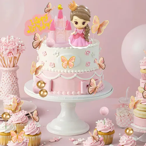 Miniatura 2 de Decoración de pastel de princesa, decoración de pastel de castillo de princesa rosa, bolas de mariposa, pasteles de feliz cumpleaños, decoración