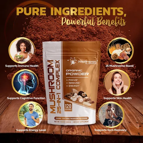 Miniatura 4 de WELLNESS LABSRX Polvo de hongos, suplemento de hongos 25 en 1, 2000 mg, 25 superalimentos en polvo de melena de leones con chaga, shiitake