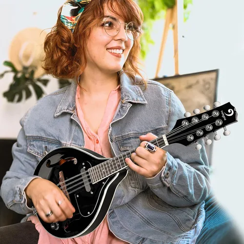 Miniatura 2 de Vangoa Instrumento de Mandolina de Caoba Eléctrico Acústico Estilo A, Mandolina Musical para Principiantes, Adultos, Adolescentes, Niños, Negro