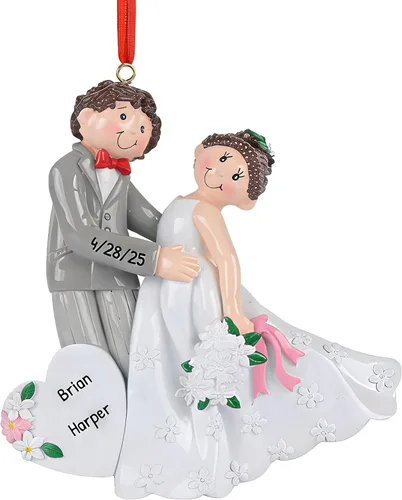 Miniatura 7 de Adorno personalizado de casado de nuestra primera Navidad 2025 Nombre y año personalizados Recuerdo de boda rubia de novia y novio morena Boda