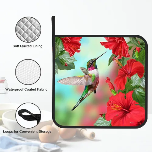 Miniatura 3 de Juego de 2 soportes para ollas, colibrí e hibisco, resistentes al calor, para barbacoa, cocinar, hornear, comida caliente para mujeres y hombres
