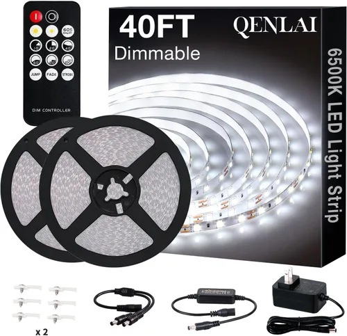 Miniatura 11 de Tira de luces LED blancas de 20 pies con control remoto, tira de luz LED regulable de 6500 K de 12 V, 360 luces LED flexibles para dormitorio