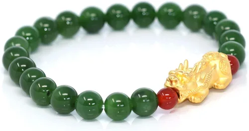 Miniatura 2 de 24k Pixiu Charm Natural Nefrita Jade Beads Pulsera de buena suerte 0.315 in para hombres y mujeres Unisex Niños Buena fortuna