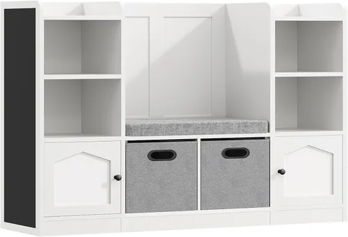 Miniatura 7 de Organizador y almacenamiento de juguetes, estantería para niños con cojín de asiento y pizarra, 2 cajones móviles, caja de almacenamiento