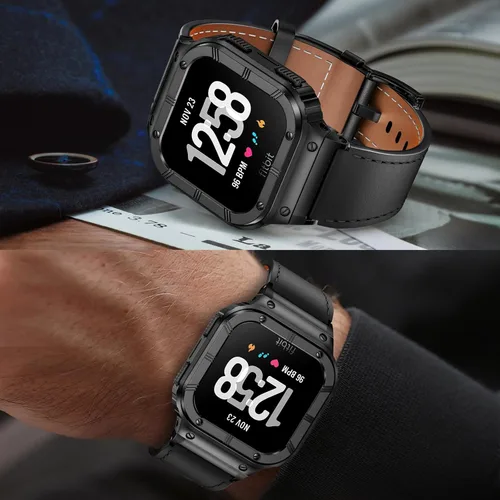 Miniatura 6 de BAITEYOU Leather Bands with Stainless Steel Case Compatible with Fitbit Versa 1 2 3 4 Lite Sense 2 1 Protective case for men
