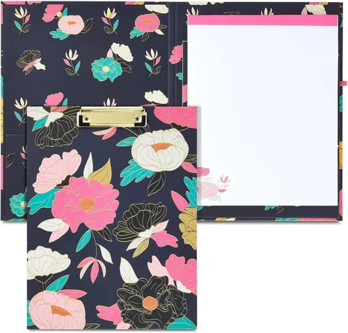 Paper Junkie Carpeta portapapeles floral con bloc de notas y almacenamiento, 13 x 9 pulgadas, color negro clásico, clip de perfil bajo, bolsillo