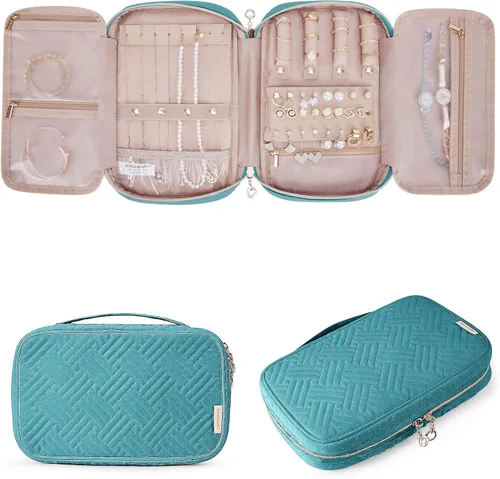 Miniatura 29 de BAGSMART - Estuche de joyería de viaje, organizador de joyas para mujeres y niñas, bolsa de almacenamiento con cierre para collares enrollados, Beige