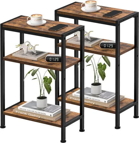Miniatura 11 de Mesa auxiliar estrecha para espacios pequeños, mesa auxiliar delgada de 2 niveles, mesita de noche delgada, mesa de sofá delgada para aperitivos
