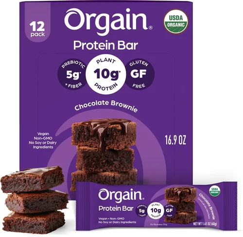 Orgain - Barra proteica orgánica vegetal, sabor brownie de chocolate - 0.35 oz (10 g) de proteínas, vegana, Kosher; sin gluten, lácteos, soja,