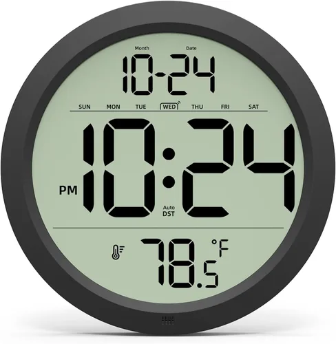 Reloj de pared digital con fecha, temperatura interior, DST automático, reloj digital a batería, reloj de pared decorativo pequeño de 8 pulgadas
