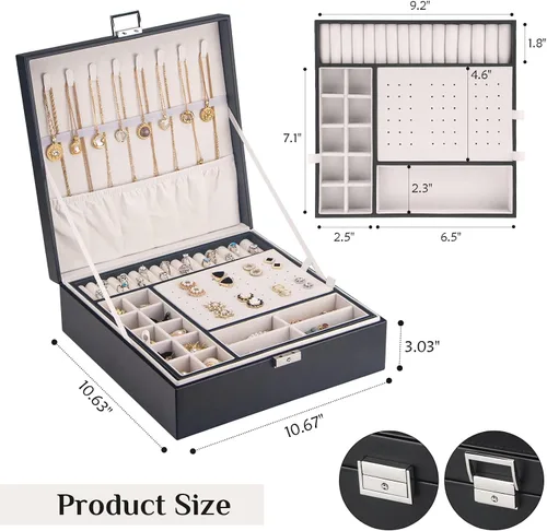 Miniatura 4 de Joyero con cerradura cajas de joyería grandes para mujeres y niñas regalo ideal organizador de joyas de doble capa joyero para almacenar aretes