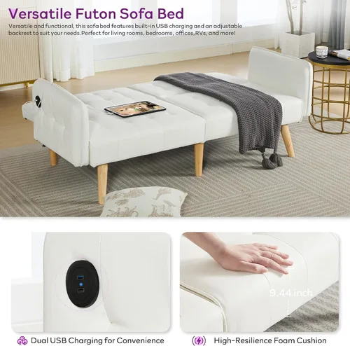 Miniatura 6 de TYBOATLE Sofá Cama Futon Plegable Convertible Tapizado en Cuero Sintético Blanco Moderno con USB, Sofá de 65", Muebles Sillones de Dos Plazas