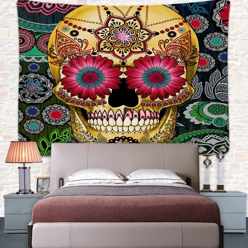 Miniatura 3 de Tapiz de calavera de azúcar, tema del Día de los Muertos, arte de pared bohemio con flores, decoración del hogar, tapices para dormitorio, sala