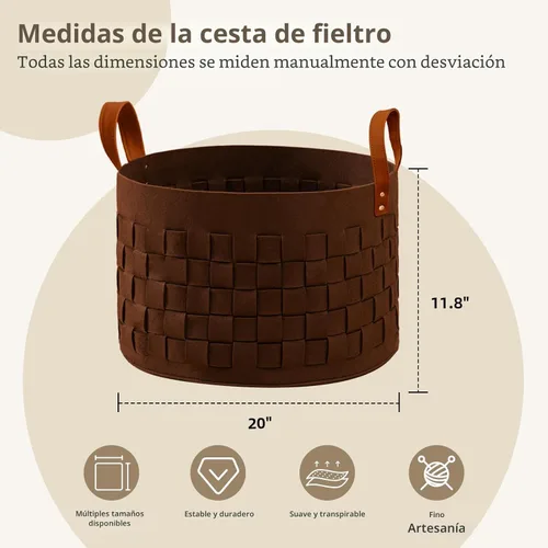 Miniatura 4 de BOLDMONKEY Cesta de lavandería de 20 x 20 x 11.8 pulgadas, canasta grande de tela de fieltro con asa de cuero, cesta redonda para ropa sucia