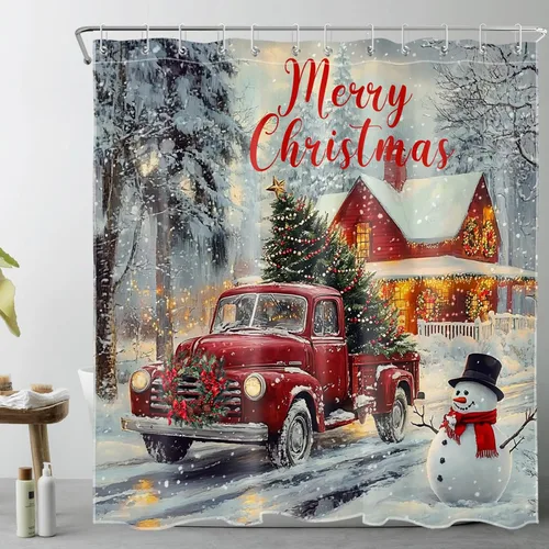 Miniatura 11 de LB Cortina de ducha de árbol de Navidad para baño, cortina de ducha abstracta de tela de pino nevado rosa y verde con ganchos, juego de cortina