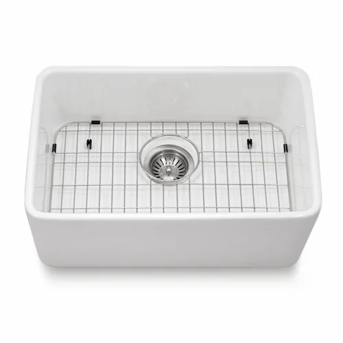 Miniatura 2 de Houzer Platus Fregadero de cocina de arcilla refractaria blanca: fregadero de un solo tazón de 24 pulgadas con colador y rejilla, duradero