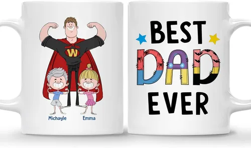 Miniatura 10 de Gossby Taza de café personalizada con texto en inglés "Best Dad Ever" (2 niños) – Taza de papá para papá, esposo – Taza personalizada de 11 onzas