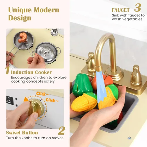 Miniatura 4 de INFANS Juego de cocina para niños, juego de juguetes de cocina de madera para niños pequeños con tablero de dibujo acrílico, máquina de hielo, Blanco