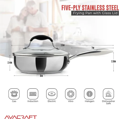 Miniatura 2 de AVACRAFT 18/10 Sartén de acero inoxidable de 8 pulgadas con tapa, boquillas laterales, sartén de inducción, sartén de acero inoxidable versátil