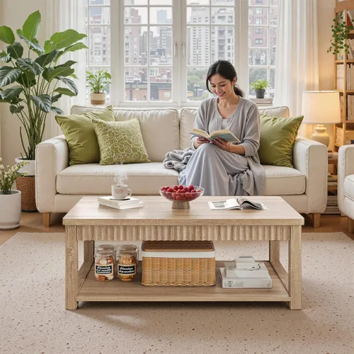Miniatura 7 de Homkdom Mesa de café, mesas de café modernas de 39 pulgadas para sala de estar con almacenamiento de 2 niveles y borde ondulado, mesa central