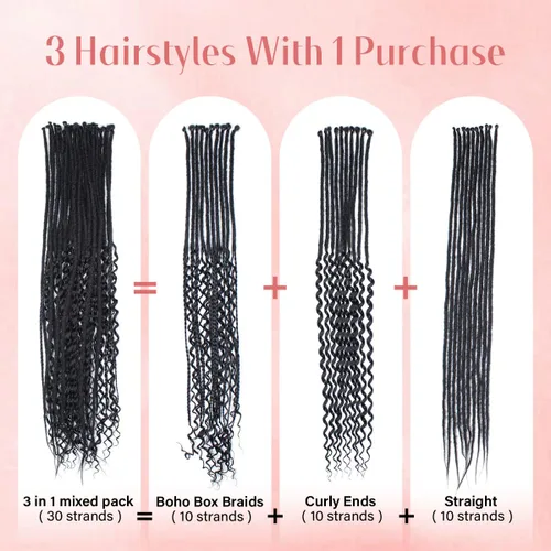 Miniatura 2 de Extensiones de rastas SE de 30 hebras de 30 pulgadas, extensiones de rastas sintéticas mixtas 3 en 1, extensiones de rastas negras rizadas y rectas