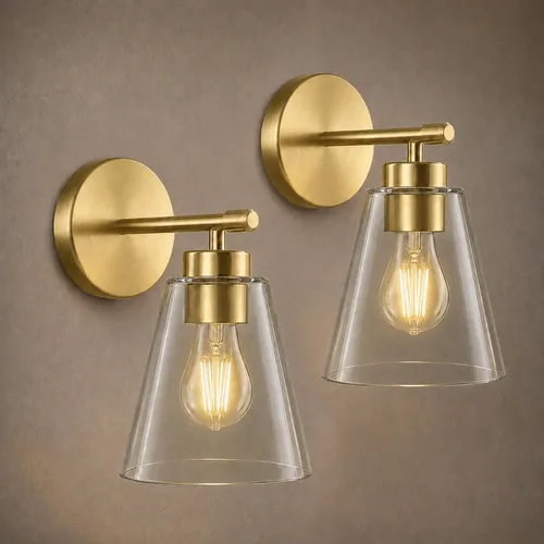 Hamilyeah Juego de 2 apliques de pared dorados, accesorios de iluminación de baño, modernos apliques industriales para interiores, lámparas de pared