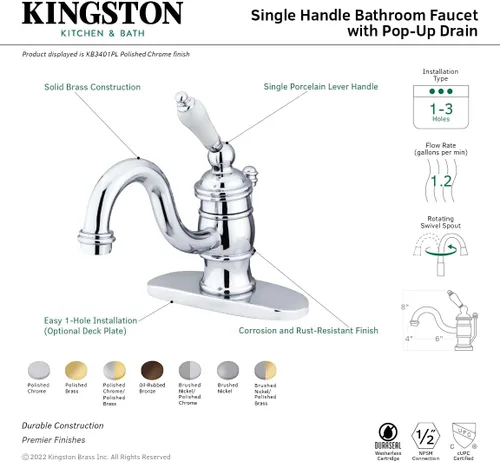 Miniatura 2 de Elements of Design EB3401PL Hot Springs - Grifo de lavabo central de 4 pulgadas con ventana emergente minorista y placa de cubierta opcional, 6-1/8