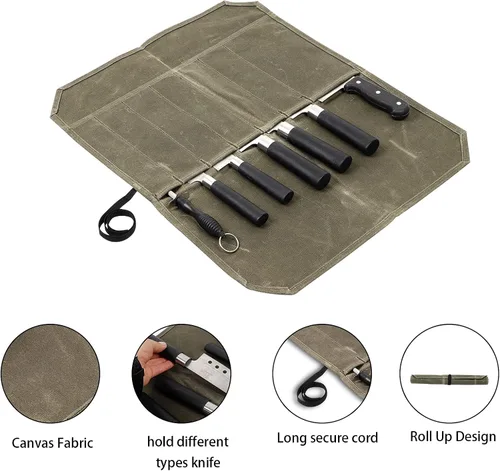 Miniatura 3 de Rollo de cuchillo, bolsa de rollo de cuchillo de chef, estuche de lona encerada para cuchillos con 7 ranuras, envoltura portátil para cuchillos