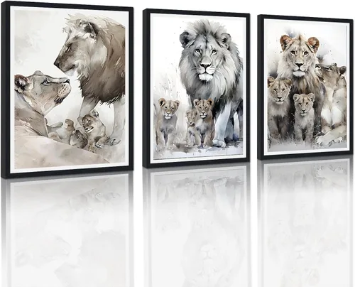 Miniatura 34 de 3 piezas modernas de lienzo de león de animales salvajes, pinturas de retratos de familia de leones, decoración de pared, obras de arte de sala