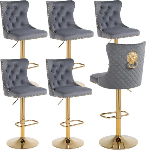Miniatura 17 de Taburetes de bar negros juego de 2 sillas de cocina giratorias de terciopelo con respaldo alto acolchado, taburetes dorados modernos tapizados