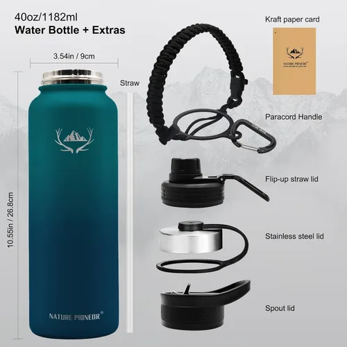 Miniatura 6 de NATURE PIONEOR Botellas de agua aisladas con mango de paracord - Botella de agua deportiva al vacío de boca ancha de 32 onzas con 3 tapas, acero
