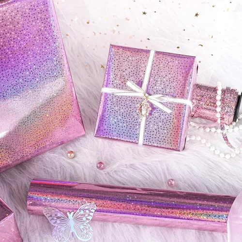 Miniatura 5 de LeZakaa Papel de Regalo Holográfico Rosa, Papel de Aluminio Metálico con Brillo y Diseño de Estrellas para Navidad, Día de la Madre, Graduación
